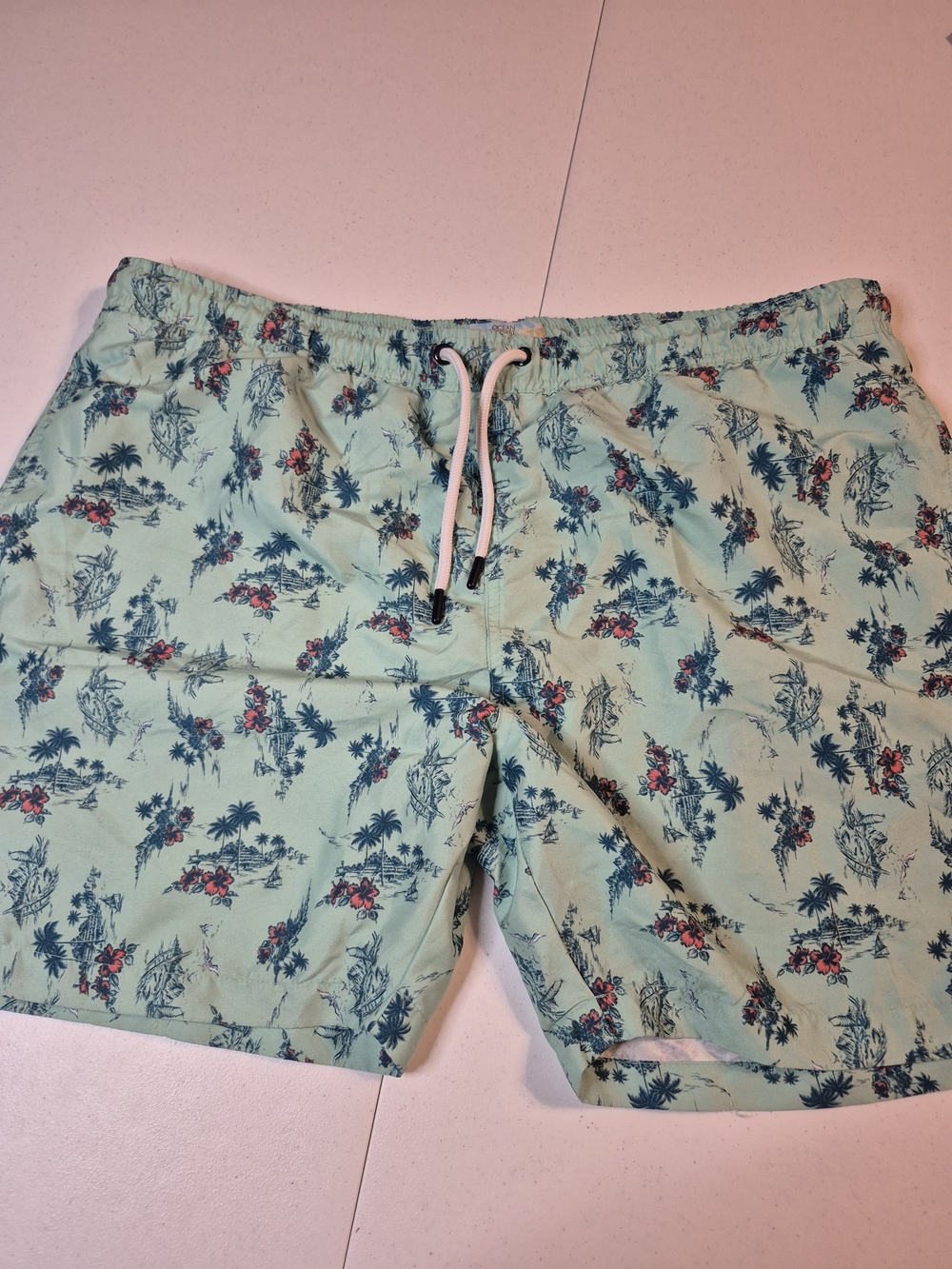 Men's Mint Green Tropical Print Swim Trunks with Elastic Waist 4829